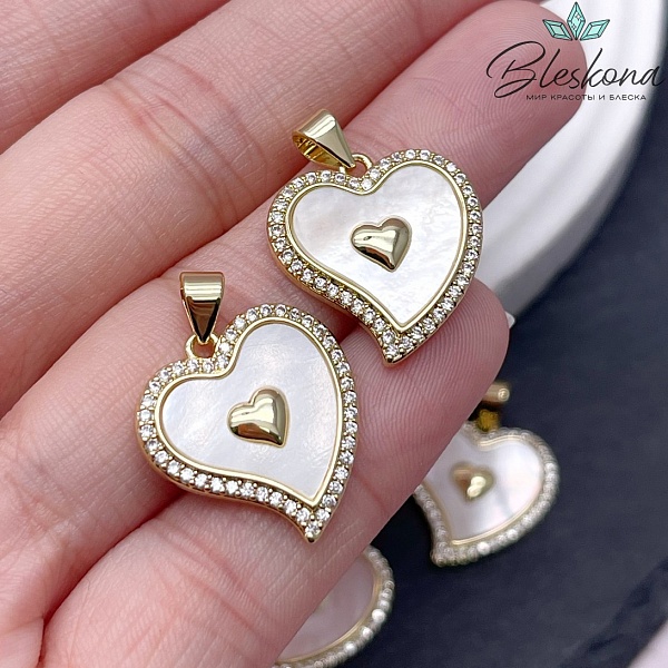 19,5*18 мм Цвет золото, Подвеска Сердце белый перламутр с цирконами