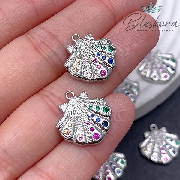 16,7*17,5мм Цвет серебро, Подвеска ракушка цирконы микс 