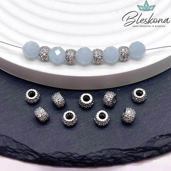 6*4 мм Цвет серебро, Бусина-разделитель цирконы 