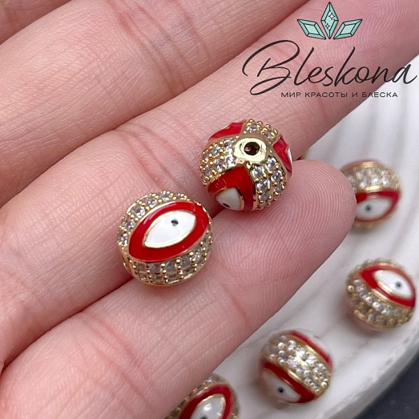 10,5 мм Цвет золото, Бусина с глазком красная эмаль