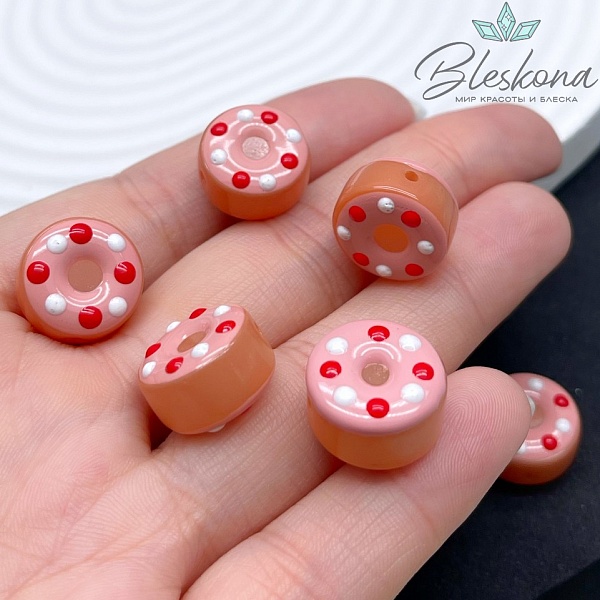 8*15 мм Бусина пончик коричневый красно- белые точки