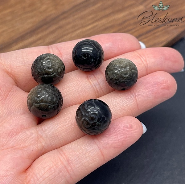 Резная бусина Узор Обсидиан золотистый шар 14 мм