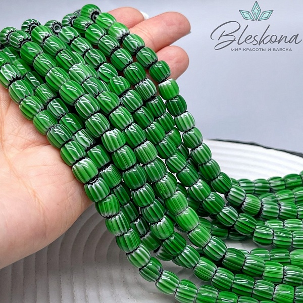 Муранское стекло бочата черно- зеленые, полосы 7*8 мм