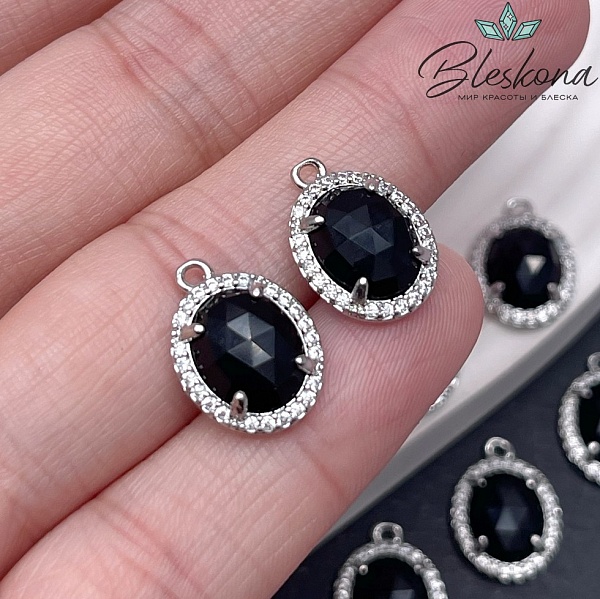 15*11 мм Цвет серебро, Подвеска овал Черный агат в обрамлении цирконы