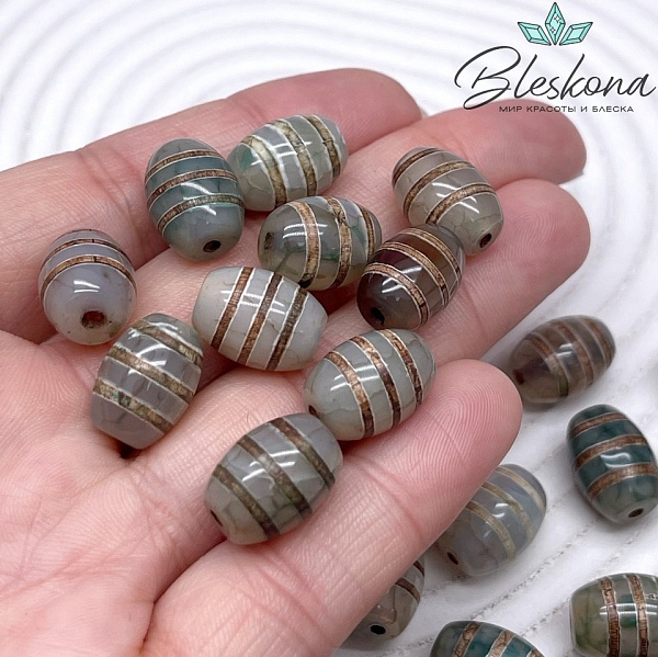 Бусина Дзи полосатая зелено-коричневый бочоной 10*14 мм