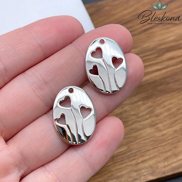 22*16 мм Цвет серебро, Подвеска овал сердечки