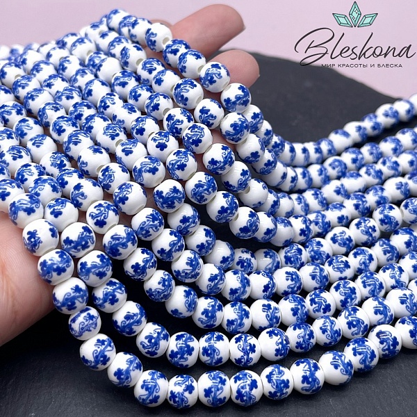 8 мм Керамика Бусина роспись гжель №1