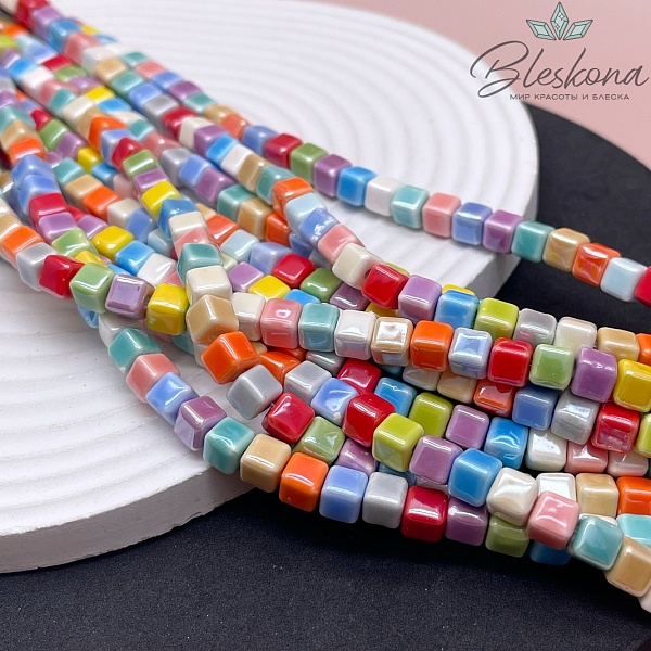 6 мм Бусина куб, керамика цвет микс