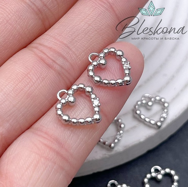 11*12 мм Цвет серебро, Подвеска сердце контур шарики циркон