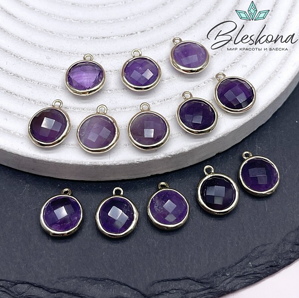 10,5мм, цвет золото ,Подвеска круг мини Аметист огранка