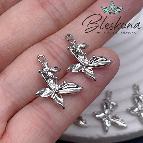 20,5*16 мм Цвет серебро, Подвеска Бабочка двойная цирконы 