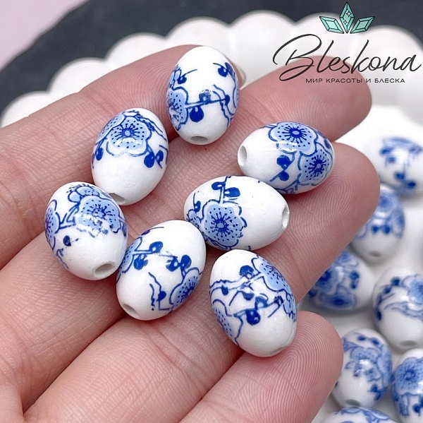 14*10 мм Керамика Бусина рис роспись гжель №3 (штучно)