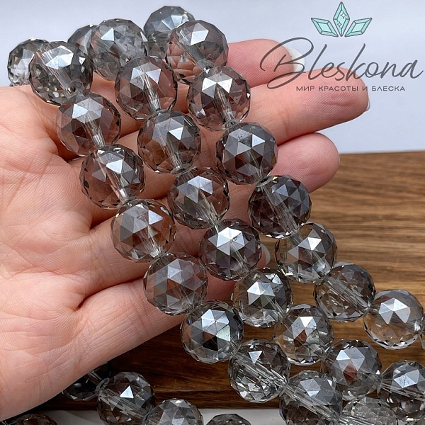 12 мм Бусины шар огранка, цвет серый с переливом, стекло Люкс