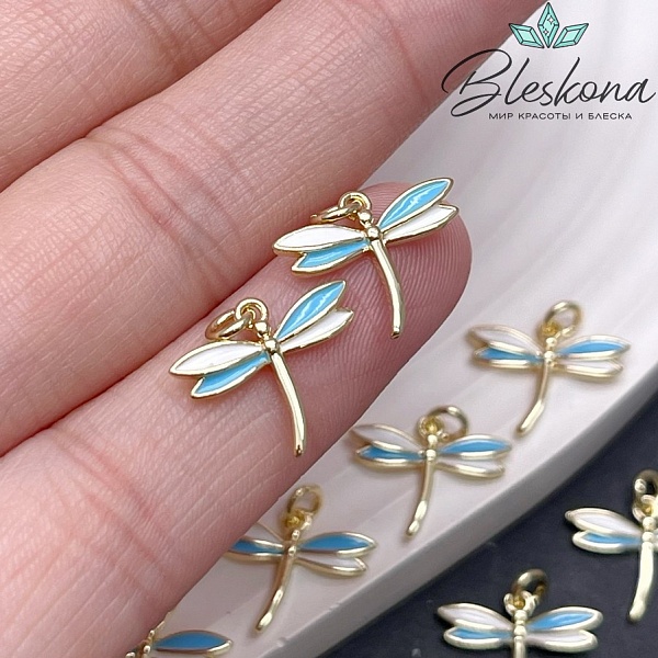 17*19 мм Цвет золото, Подвеска Стрекоза бело- голубая эмаль