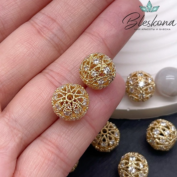 12 мм Цвет золото, Бусина шар цирконы