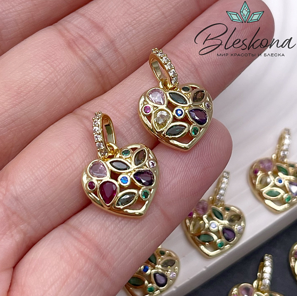 14,7*14 мм Цвет золото, Подвеска сердце цирконы микс с бэйлом