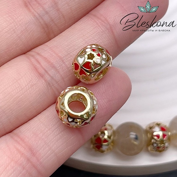 7*10 мм Цвет золото, Бусина бочонок клевер красно-белая эмаль
