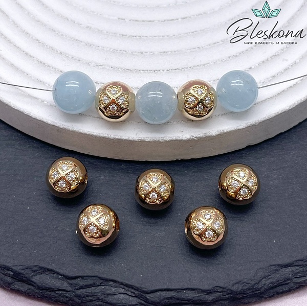 10 мм Цвет золото, Бусина шар клевер с цирконами