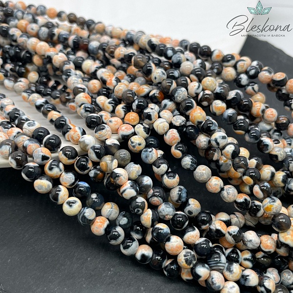 Агат черный светло-оранжевые разводы (имитация) 6 мм