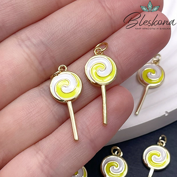 25*10 мм Цвет золото, Подвеска леденец желто-белая эмаль