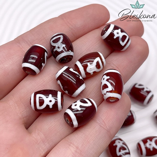 Бусина Дзи Кубера бело-коричневый бочонок 10*14 мм