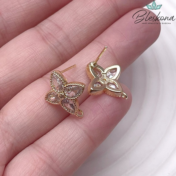 17*15 мм Цвет золото, Пусеты цветочек цирконы 