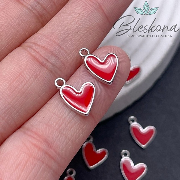 10*12,5 мм Цвет серебро, Подвеска Сердце красная эмаль