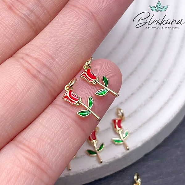 12,5*6 мм Цвет золото, Подвеска роза красная эмаль