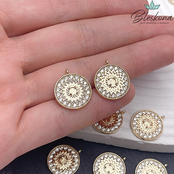 15,5мм, Цвет золото, Подвеска круг цветок цирконы 
