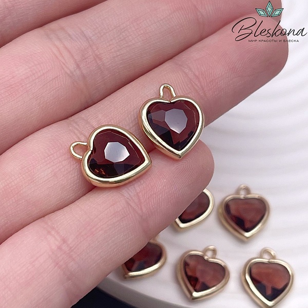 12 мм, Цвет золото, Подвеска сердце стекло бордо