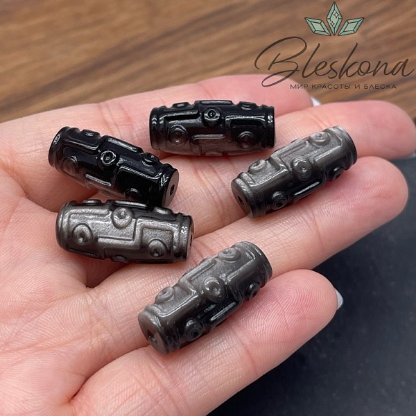 Резная Бусина Дзи 9 глаз Обсидиан серебристый 23*10 мм