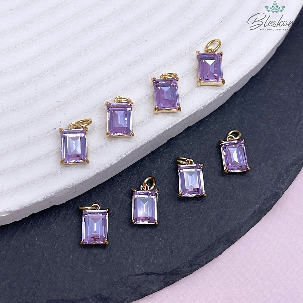 8*5 мм, Цвет золото, Подвеска прямоугольник фиолетовый циркон