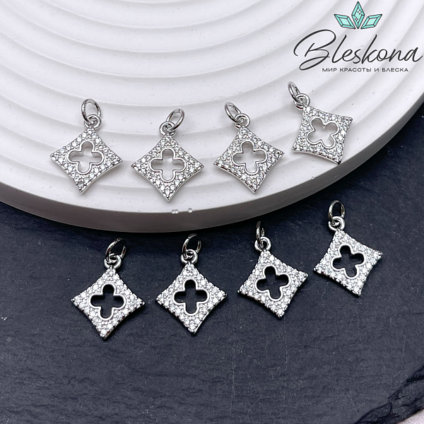 15*13 мм Цвет серебро, Подвеска Клевер с цирконами 